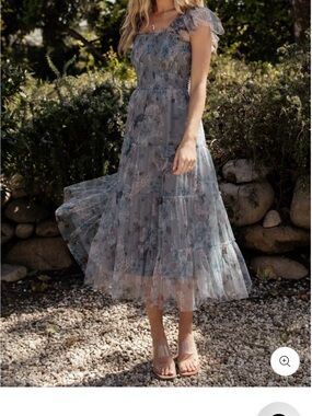 Baltic Born: Clementine Tulle Dress/ Dusty Blue Floral/Smocked Midi Dress
